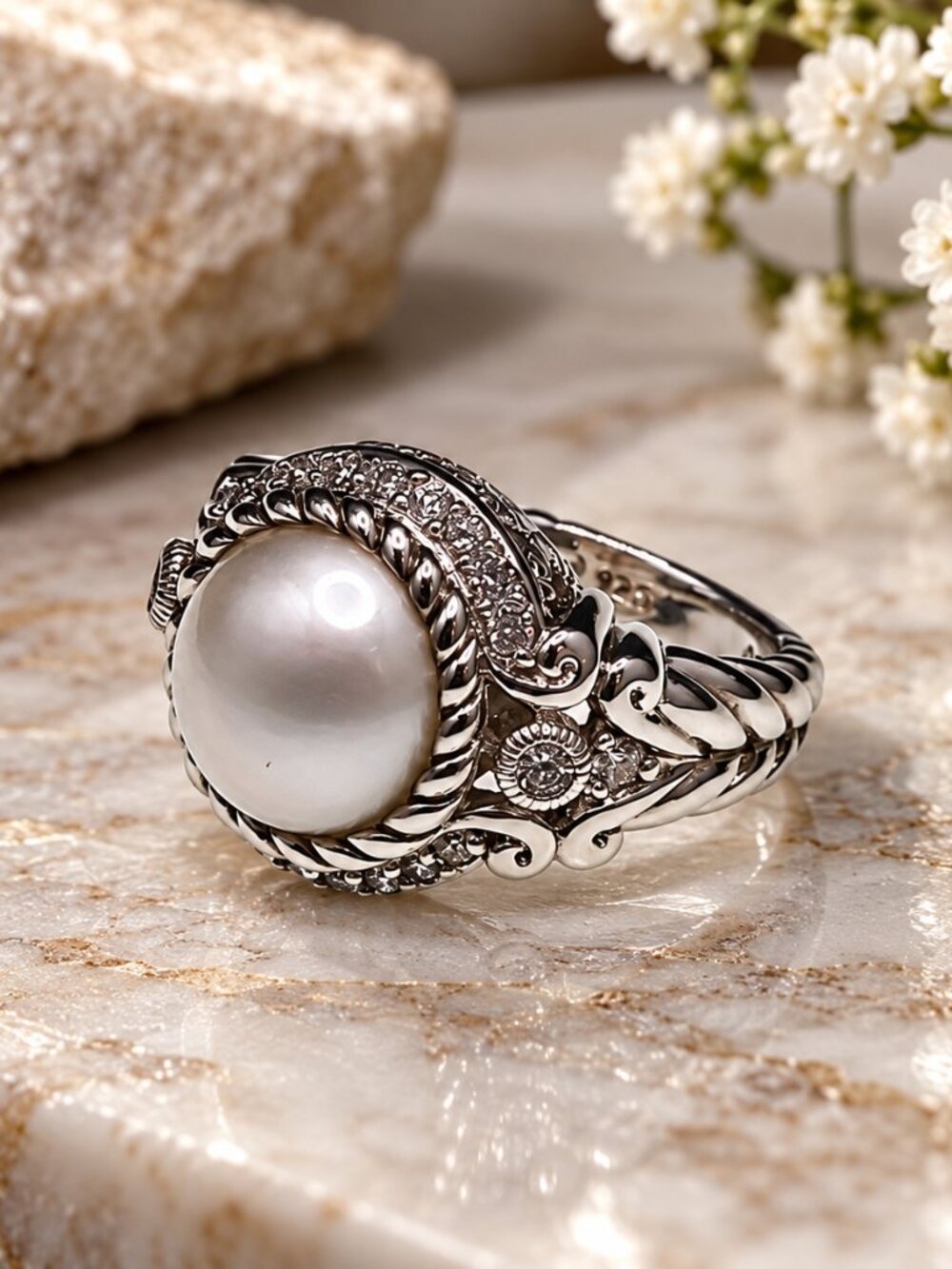 Judith Ripka Pearl Ring .925 Sz 7